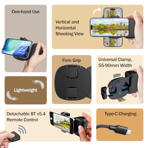 pTron MHR1 Phone Clip Camera Grip Handle w/Detachable BTv5.4 Remote Shutter, 55-90mm Clamping Range, Shoot Videos, Take Snaps, Stable & Firm Grip, Compatible with iOS & Android Devices (Black) - Image 2