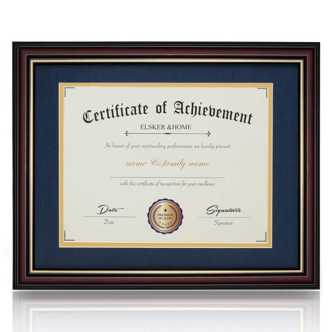 ELSKERHOME 85X11 DOCUMENT FRAME MATTE REDDISH BROWN WOOD COLOR FRAME MADE FOR CERTIFICATES SIZED 85X11 INCH WITH MAT AND 11X14 INCH WITHOUT MAT DOUBLE MAT NAVY WITH GOLDEN RIM
