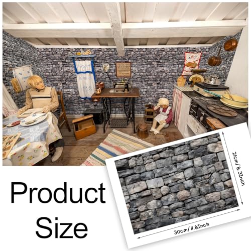 Furbeko 35 Pcs Miniature Dollhouse Wallpaper SelfAdhesive Mini DIY Floorboards Wall Paper Real Life DIY Decoration for Dollhouse Brick Gray - Image 5
