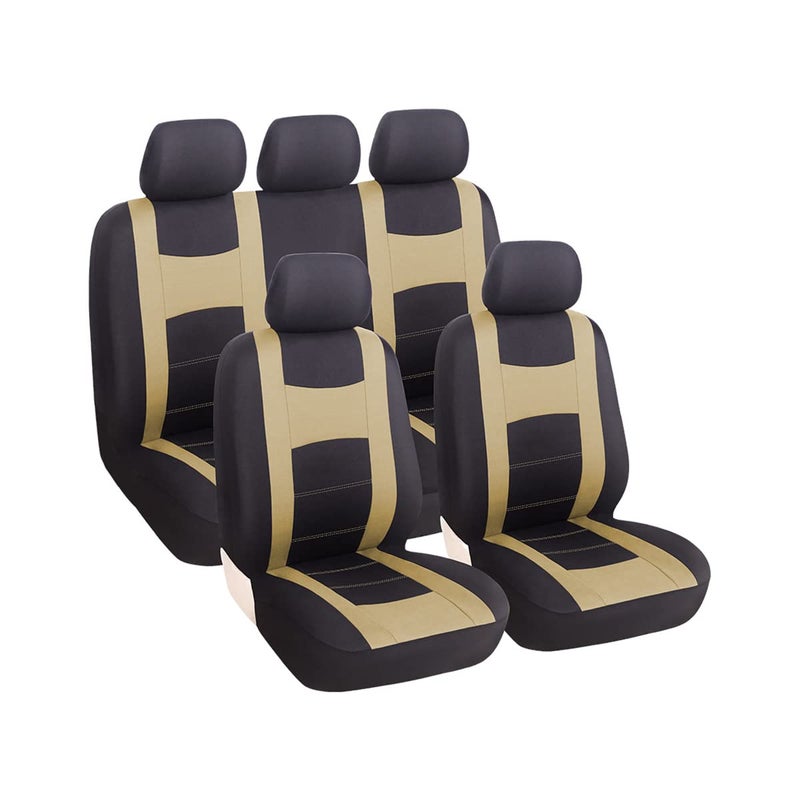 zipelo 9PCS Car Seat Covers Full Set Front Seat Covers with Matching Back Seat Cover for Cars PolyCloth Car Seat Protectors with Split Bench Design Car Interior Accessories for Most Cars Beige