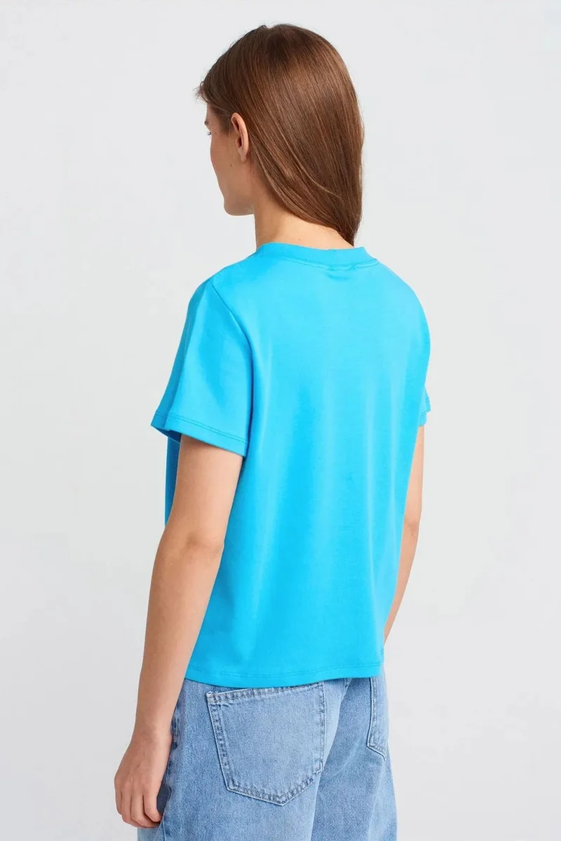 Dilvin Cerulean Blue DILVIN Women's Cotton Crew Neck T-Shirt With Embroidery for Women | Best Price UAE