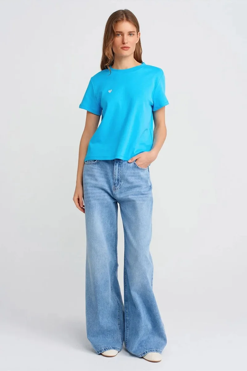 Dilvin Cerulean Blue DILVIN Women's Cotton Crew Neck T-Shirt With Embroidery for Women | Best Price UAE