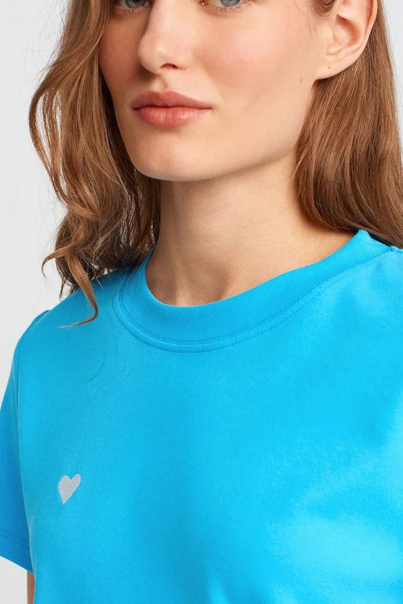 Dilvin Cerulean Blue DILVIN Women's Cotton Crew Neck T-Shirt With Embroidery for Women | Best Price UAE