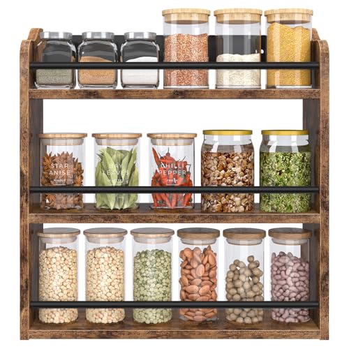 BCOZLUX Spice Rack Wall Mounted Wood 3 Tier Spice Rack for Countertop Vertical Spice Organizer for Spice Jars and Seasonings Hanging Spice Shelf for Kitchen Cabinet or Pantry Rustic Brown - Image 1