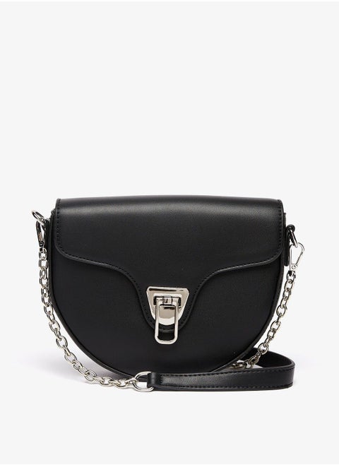 Shoexpress Solid Crossbody Bag with Chain Strap and Lock Closure Black