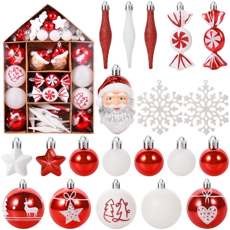Canlierr 70 Pcs Christmas Tree Balls Ornaments Set Assorted Xmas Hanging Ornaments Balls with Hanging Loop for Christmas Tree Xmas Holiday Party Decoration Supplies Red White