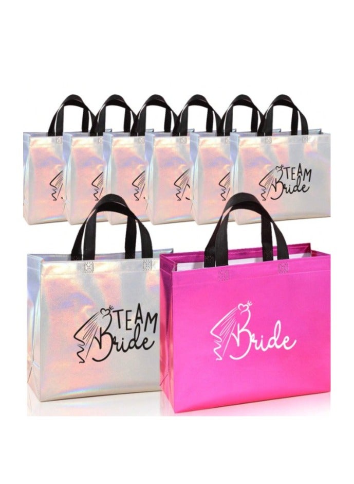Bridesmaid Gift Bags 8 Shiny Glitter Bags 7 Team Bride Bags in Pearl Metallic with "Team Bride" and 1 Pink Bride Bag - Image 1