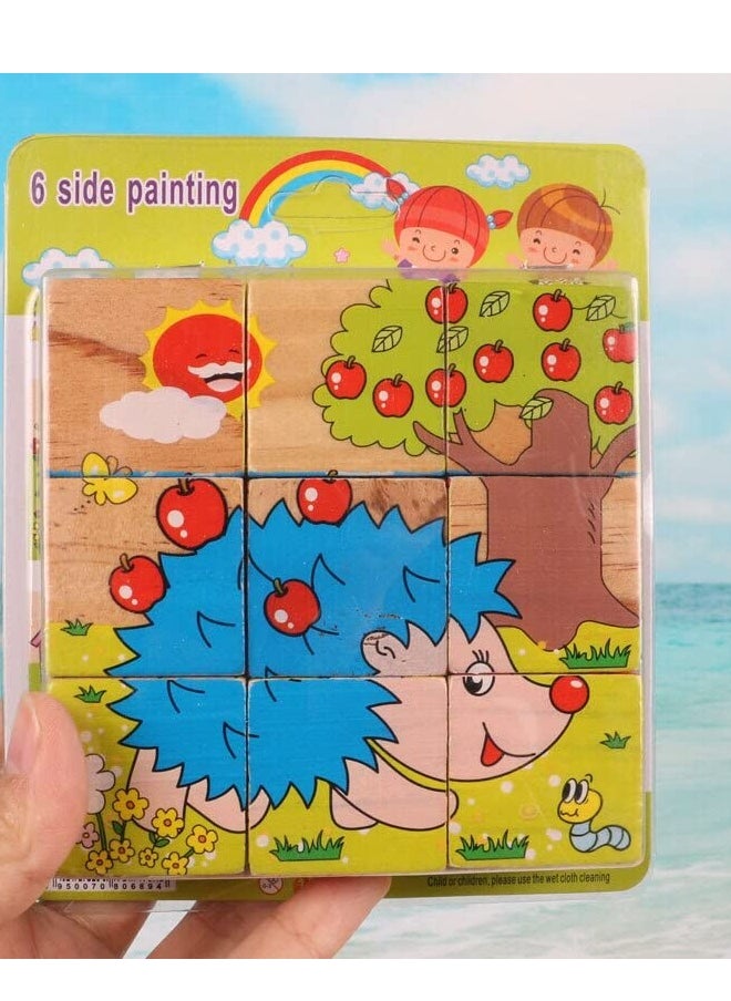Generic Tiny Souls 9Pcs Wooden 6 Sides Jigsaw 3D Early Educational Puzzle Toy for Kids/Baby Six-Sided Painting - Forest Section  - Image 1