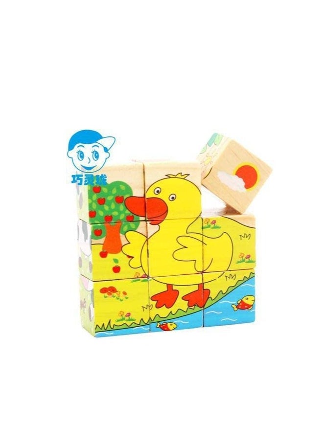Generic Tiny Souls 9Pcs Wooden 6 Sides Jigsaw 3D Early Educational Puzzle Toy for Kids/Baby Six-Sided Painting - Forest Section  - Image 2
