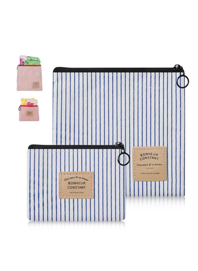 Zikra 4 Pcs Sanitary Napkin Storage Bag, Portable Period Bag with Zipper, Tampon Holder for Purse Menstrual Pad Bag Pouch for Feminine Products for Teen Girls Women Ladies Daily Use (Blue & Red Stripes) - Image 1