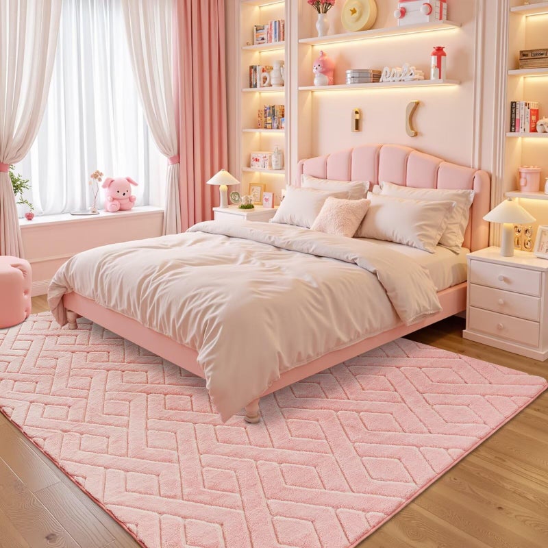 Flagover 5x7 Pink Washable Area Rug for Girls Bedroom Living Room, Modern Geometric Shag Non-Slip Rugs, Fluffy Plush Soft Memory Foam Carpet for Kids Room Nursery Decor - Image 2