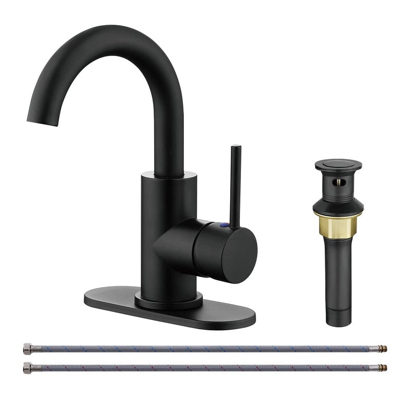 Rkf Single-Handle Bathroom Sink Faucet  Swivel Spout  With Pop-Up Drain With Overflow And Supply Hose Bar Sink Faucet Small Kitchen Faucet Tap Matte Black Bf3501P-Mb - Image 1