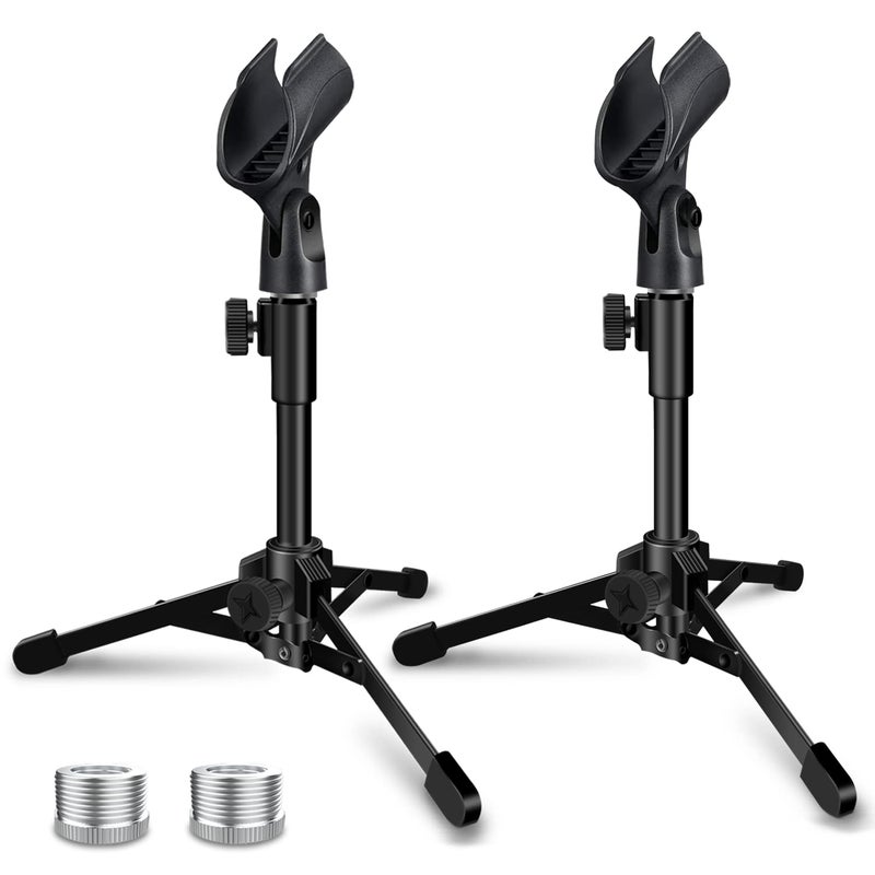 Mictop 2 Pack Desktop Mic Stand, Portable Foldable Tripod with Mic Clip Holder, Adjustable Microphone Stand For Dynamic Microphone. - Image 1