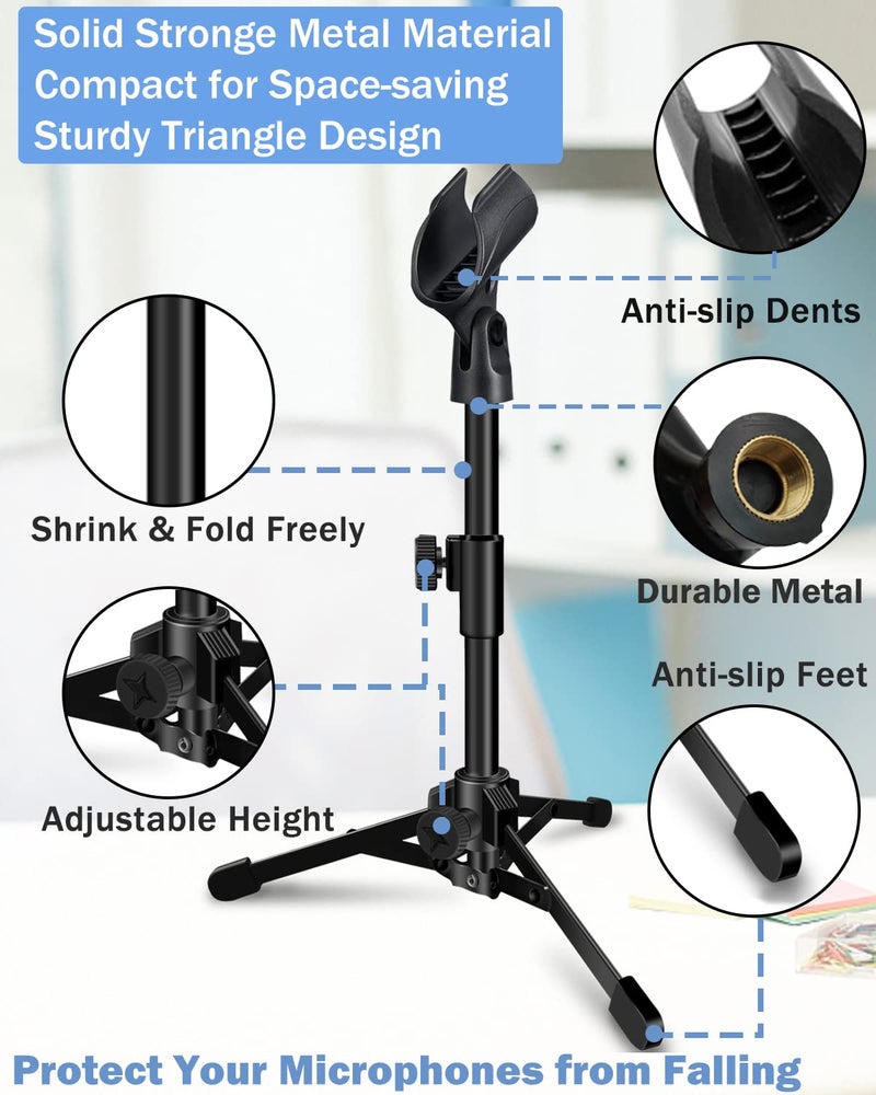Mictop 2 Pack Desktop Mic Stand, Portable Foldable Tripod with Mic Clip Holder, Adjustable Microphone Stand For Dynamic Microphone. - Image 4