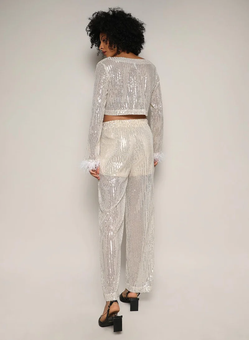 PINACOLADA Women's Beige Sheer Sequin Co-Ord Set