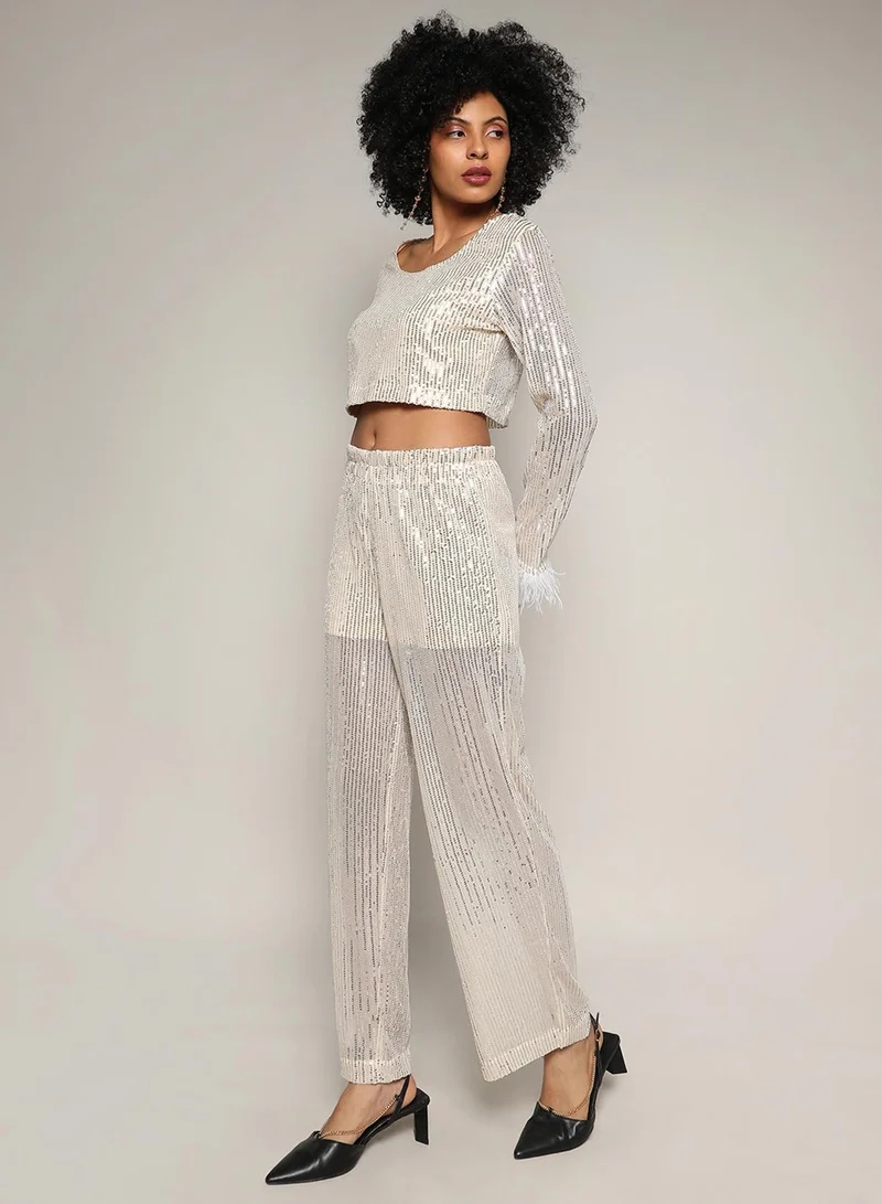 PINACOLADA Women's Beige Sheer Sequin Co-Ord Set