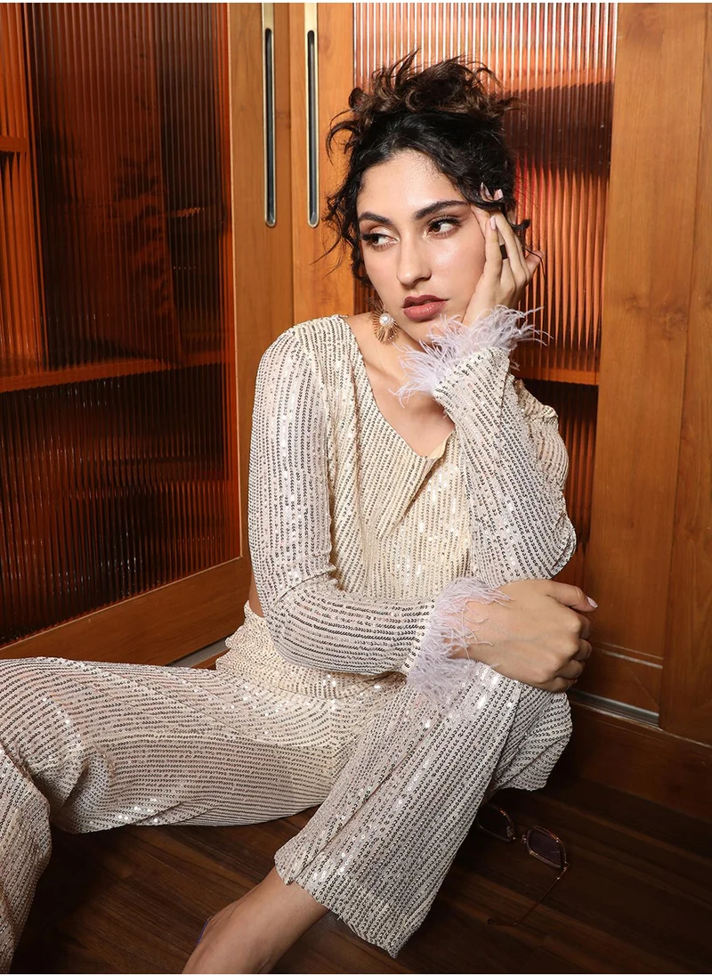 PINACOLADA Women's Beige Sheer Sequin Co-Ord Set