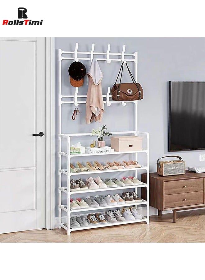 RollsTimi  Coat Rack with Shoe Storage 5-Tier Coat and Shoe Rack Shoe Rack with Coat Hanger Coat Rack Stand with Shoe Rack Shoe Stand Organizer with 8 Hooks for Hallway, Entryway - Image 1