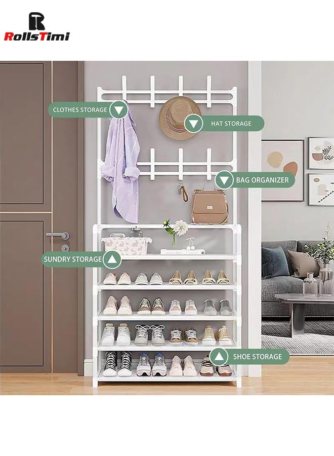 RollsTimi  Coat Rack with Shoe Storage 5-Tier Coat and Shoe Rack Shoe Rack with Coat Hanger Coat Rack Stand with Shoe Rack Shoe Stand Organizer with 8 Hooks for Hallway, Entryway - Image 5