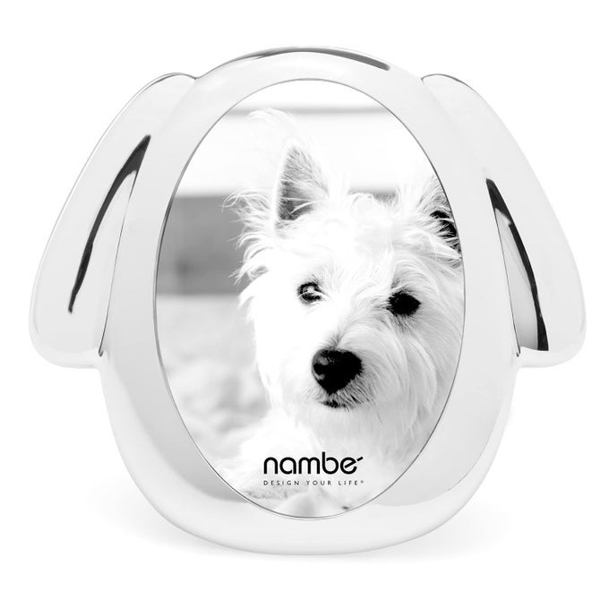 DOG PICTURE FRAME HOLDS 3 X 5 INCH PHOTOGRAPHS SILVER FINISH WITH GLASS COVER HOME DCOR FOR DOG AND PUPPY ENTHUSIASTS DESIGNED BY KARIM RASHID