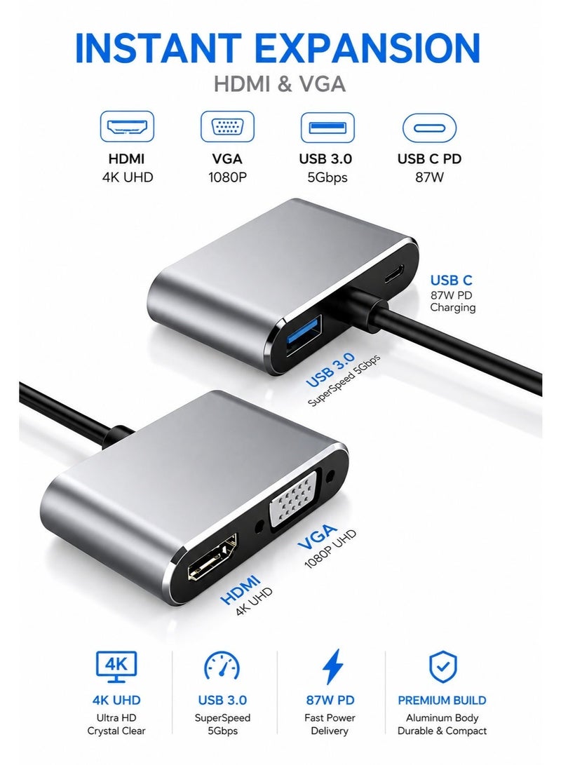 VERTEX 4-in-1 USB-C Multiport Hub with HDMI, VGA, USB 3.0 & USB-C Data Port, Type-C Adapter for Display Expansion, Data Transfer, Laptop, Tablet & MacBook - Image 4