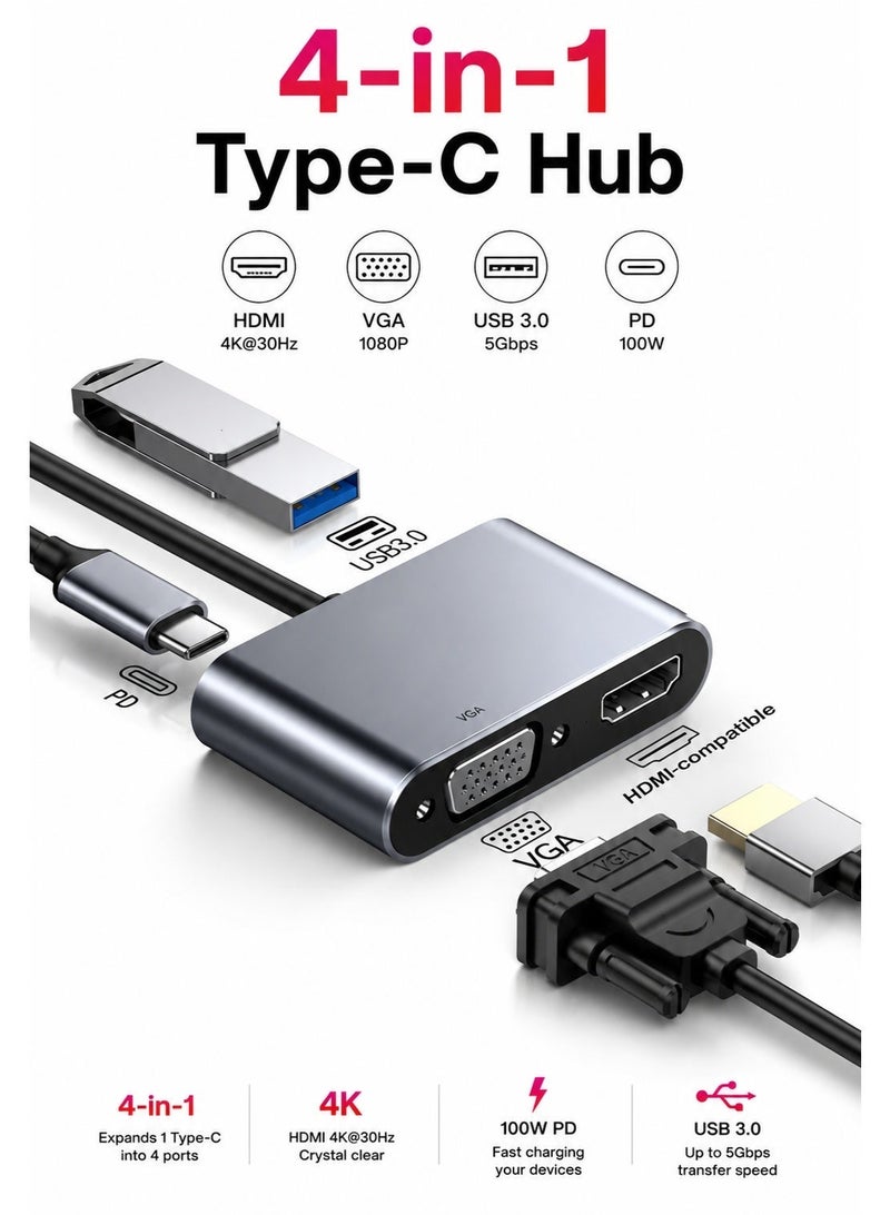 VERTEX 4-in-1 USB-C Multiport Hub with HDMI, VGA, USB 3.0 & USB-C Data Port, Type-C Adapter for Display Expansion, Data Transfer, Laptop, Tablet & MacBook - Image 5