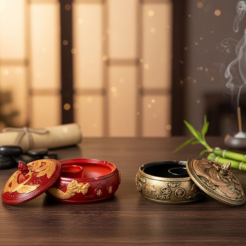 Brass Ashtray With Phoenix Dragon Design Windproof For Patio Home Office Decor - Image 2