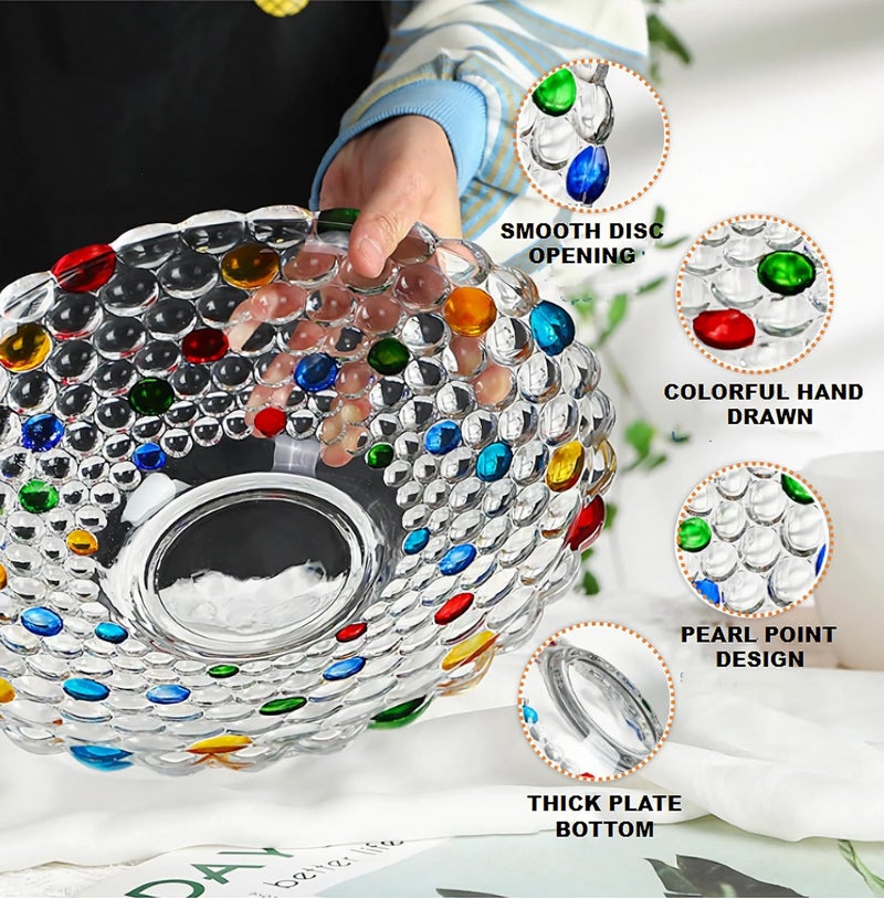 KNC Colorful Crystal Glass Fruit BowlHand Painted Pearl Point Art Glass Bowl Decorative Plate to Display Salad Dessert Cake Candy Snack for HomeOfficeWedding Lagre HMF25 - Image 2