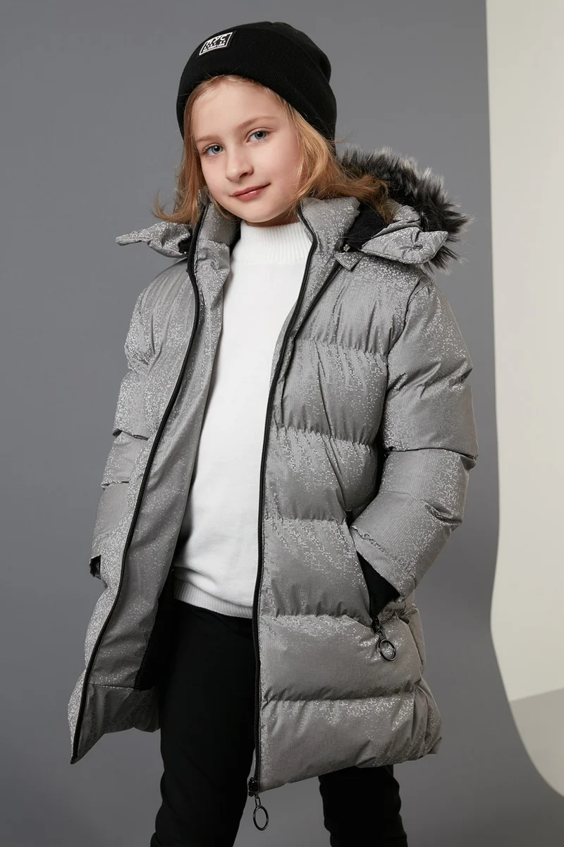 ليلا Collar Faux Fur Plush Lined Removable Hooded Slim Cut Winter Coat Girls' COAT 5760002