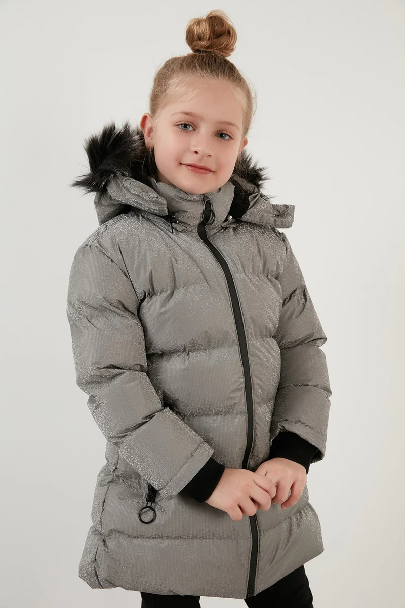 ليلا Collar Faux Fur Plush Lined Removable Hooded Slim Cut Winter Coat Girls' COAT 5760002
