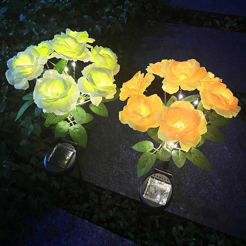 In stock whole solar 7-head rose bouquet led wedding courtyard layout Valentine's Day artificial flower decorative colored lights(Green) - Image 3