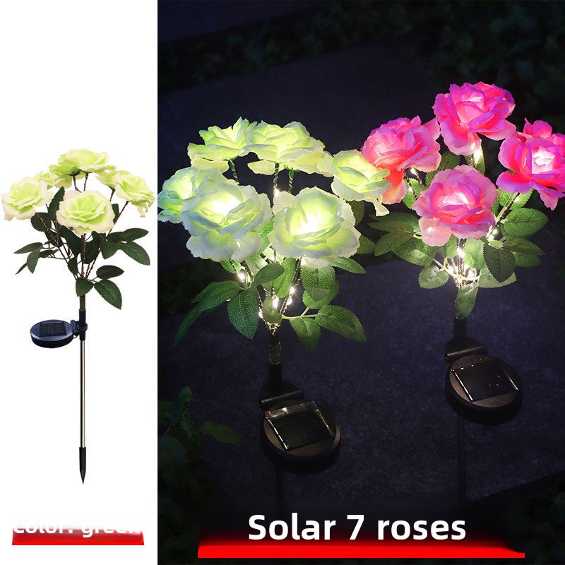 In stock whole solar 7-head rose bouquet led wedding courtyard layout Valentine's Day artificial flower decorative colored lights(Green) - Image 1