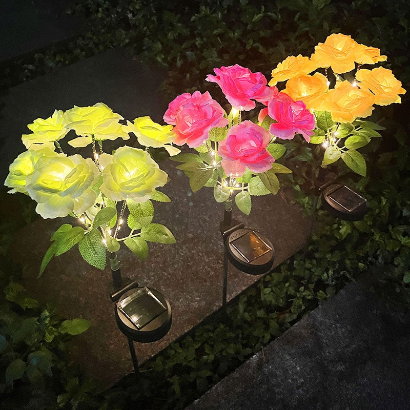 In stock whole solar 7-head rose bouquet led wedding courtyard layout Valentine's Day artificial flower decorative colored lights(Green) - Image 4