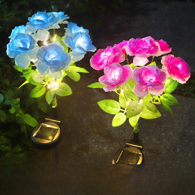 In stock whole solar 7-head rose bouquet led wedding courtyard layout Valentine's Day artificial flower decorative colored lights(Green) - Image 2