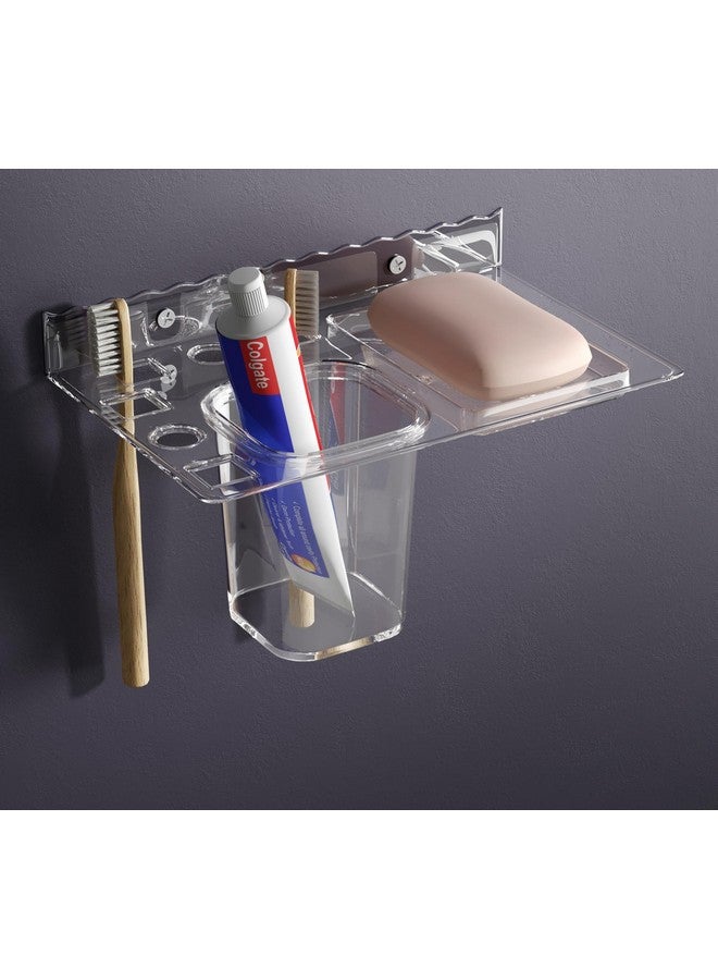 GLOXY Unbreakable Wall Mount Acrylic Corner soap Dish with Toothbrush & Tumbler Holder Shelf Usable for Bathroom and Wash Basin Area, Bathroom Accessories - Image 1