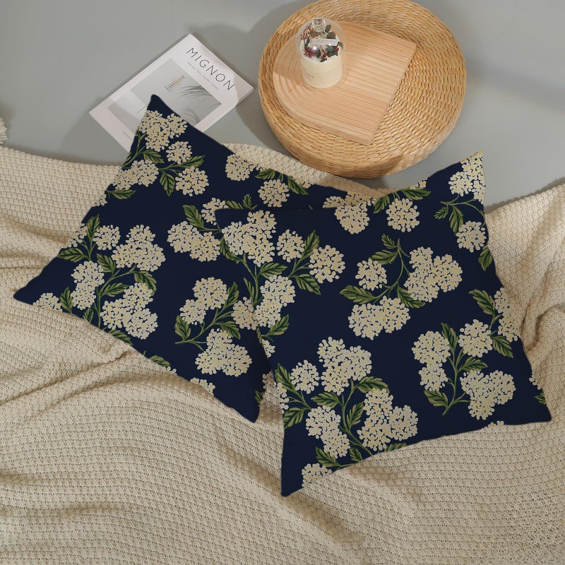 DAFENA Navy Blue Spring Pillow Covers 18x18 Inch 2 Pcs Green Yellow Hydrangea Flower Decor Throw Pillows Vintage Floral Seasonal Summer Outdoor Decoration Pillowcase Linen Cushion Cover for Couch Sofa - Image 5