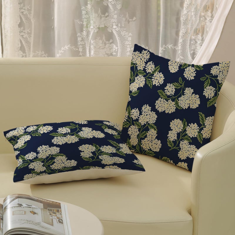 DAFENA Navy Blue Spring Pillow Covers 18x18 Inch 2 Pcs Green Yellow Hydrangea Flower Decor Throw Pillows Vintage Floral Seasonal Summer Outdoor Decoration Pillowcase Linen Cushion Cover for Couch Sofa - Image 4