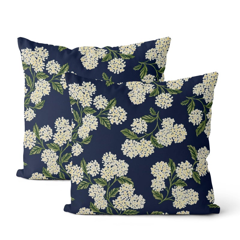DAFENA Navy Blue Spring Pillow Covers 18x18 Inch 2 Pcs Green Yellow Hydrangea Flower Decor Throw Pillows Vintage Floral Seasonal Summer Outdoor Decoration Pillowcase Linen Cushion Cover for Couch Sofa - Image 1