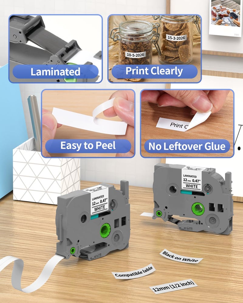 Pillex 4-Pack Label Maker Tape 12mm 0.47" White Replacement for Brother P Touch Label Tape TZe-231 TZ-231, Compatible with Brother Ptouch PT-D210 PT-H110 PT-D220 PT-D400,Black on White - Image 3