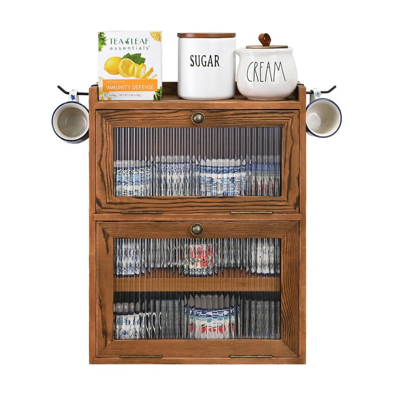 Ikee Design Rustic Wooden 2-Tier Countertop Storage Cabinet with Wavy Doors, Cupboard Organizer with Removable Bamboo Tea Tray, for Kitchen Pantry, Cups, Brown Color, 12.1W x 6.3D x 15.7H in - Image 3