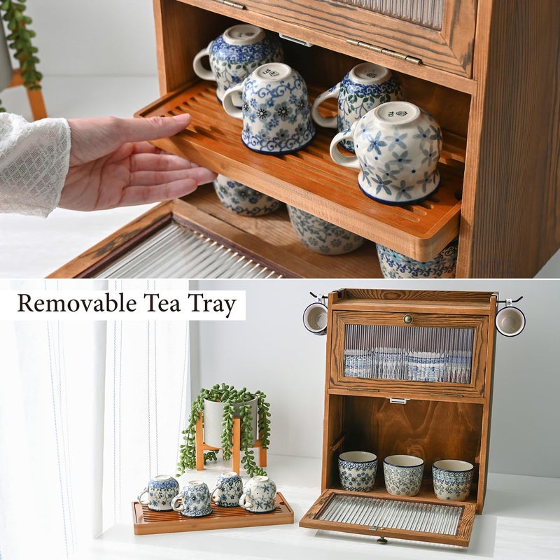 Ikee Design Rustic Wooden 2-Tier Countertop Storage Cabinet with Wavy Doors, Cupboard Organizer with Removable Bamboo Tea Tray, for Kitchen Pantry, Cups, Brown Color, 12.1W x 6.3D x 15.7H in - Image 5