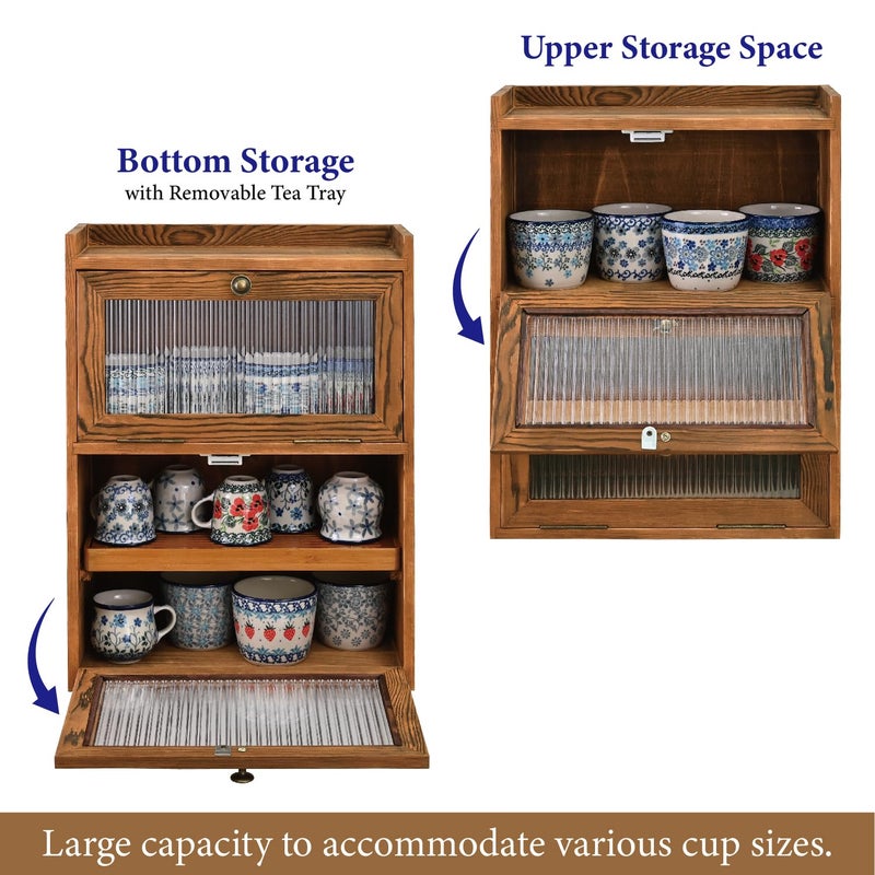Ikee Design Rustic Wooden 2-Tier Countertop Storage Cabinet with Wavy Doors, Cupboard Organizer with Removable Bamboo Tea Tray, for Kitchen Pantry, Cups, Brown Color, 12.1W x 6.3D x 15.7H in - Image 4