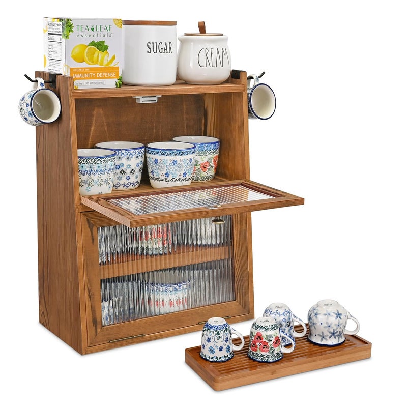 Ikee Design Rustic Wooden 2-Tier Countertop Storage Cabinet with Wavy Doors, Cupboard Organizer with Removable Bamboo Tea Tray, for Kitchen Pantry, Cups, Brown Color, 12.1W x 6.3D x 15.7H in - Image 1