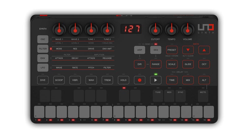 IK Multimedia UNO Synth portable monophonic real analog synthesizer with sequencer arpeggiator battery operation full MIDIUSB control and MacPCiPad editor software