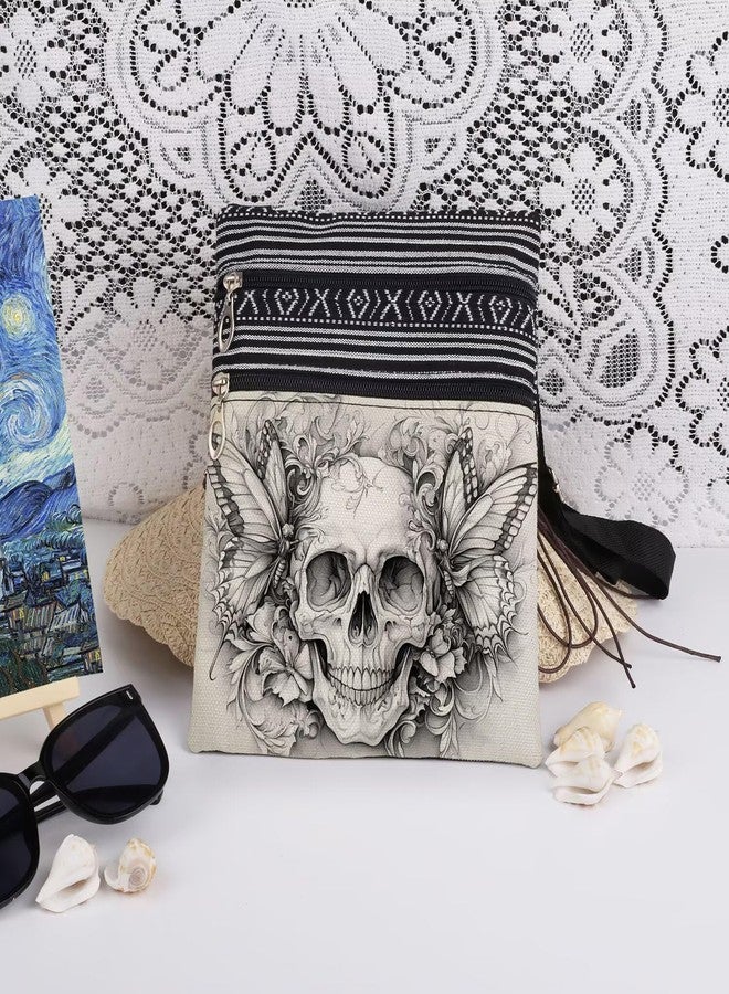 XiaoGalaee Gothic Skull & Butterfly Print Crossbody Bag Black & White Art Design Crossbody Bag Adjustable Strap Unisex Gift for Birthdays Halloween Christmas - Image 3