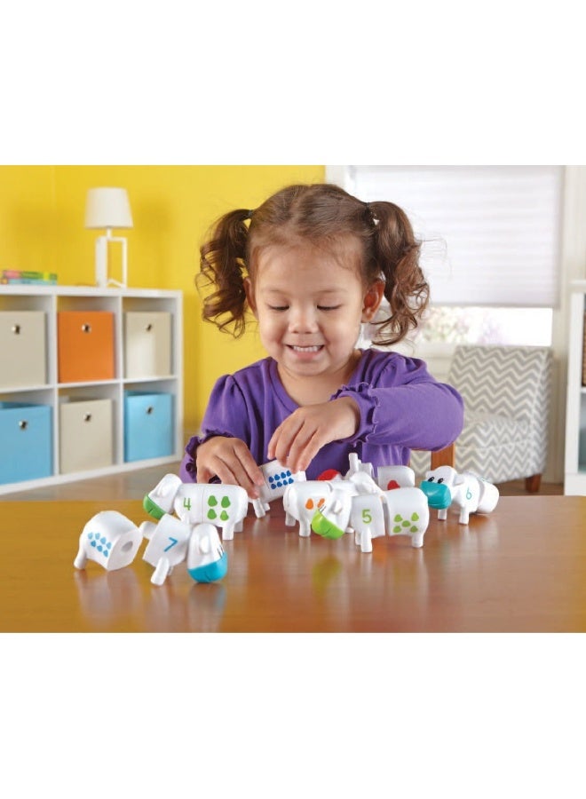 ليرننج ريسورسز موارد التعلم Snap-n-Learn، لعبة عد الأبقار، لعبة رياضيات مبكرة للأطفال الصغار مع مطابقة الأرقام والأشكال، 10 أبقار ملونة من قطعتين مع حوض تخزين، للأعمار من سنتين فما فوق - Image 4