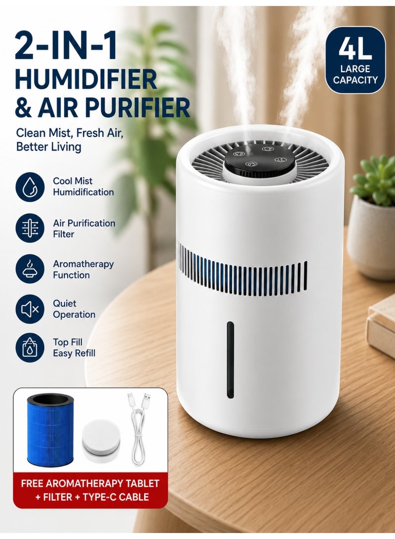 RUKYU 4L Cool Mist Humidifier & Air Purifier with Top Fill Design, Aroma Diffuser, Adjustable Mist Control, Quiet Large Capacity Air Humidifier for Bedroom, Living Room, Office & Home, White - Image 1