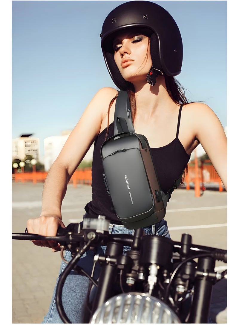 فاشون حقيبة كتف مضادة للسرقة ومقاومة للماء مع منفذ شحن USB من FASHION - حقيبة ظهر للرجال والنساء للسفر والعمل والخارج - أسود وبني - Image 4