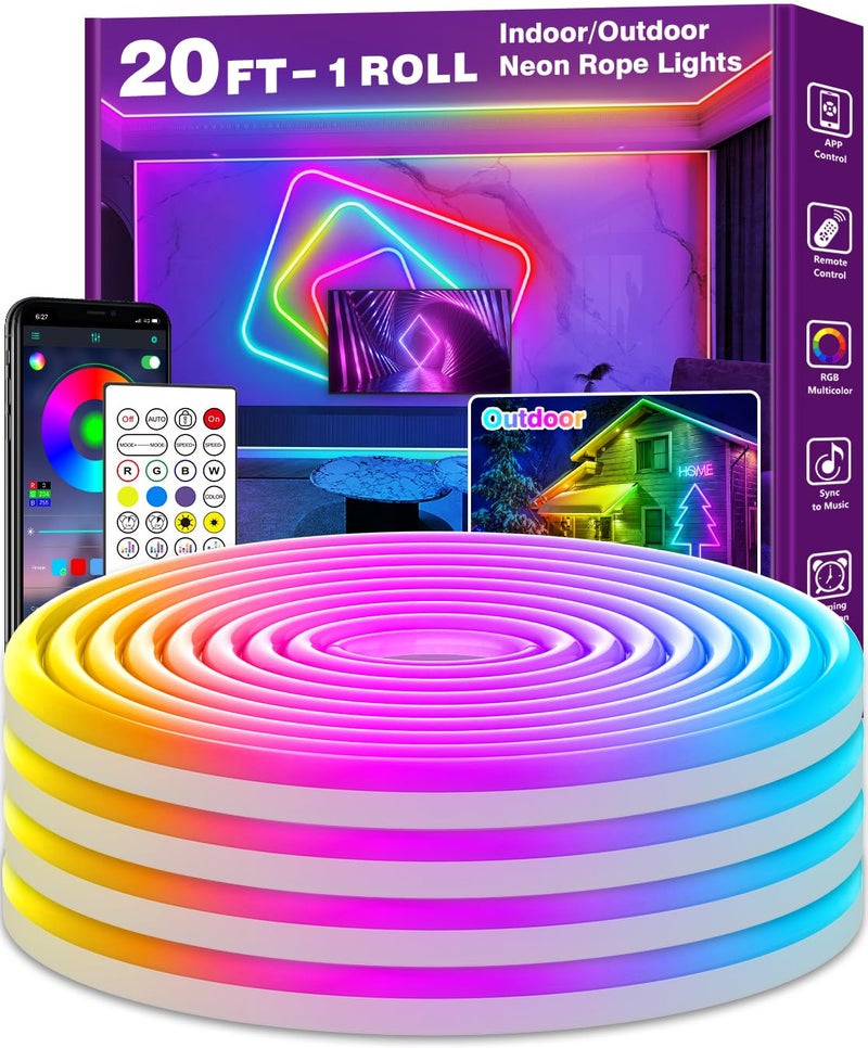 AILBTON 20Ft Neon Rope LightsFlexible Led Rope Lights Control with AppRemoteMultiple Modes Music Sync Gaming RGB Led Neon Lights for Bedroom Outdoor