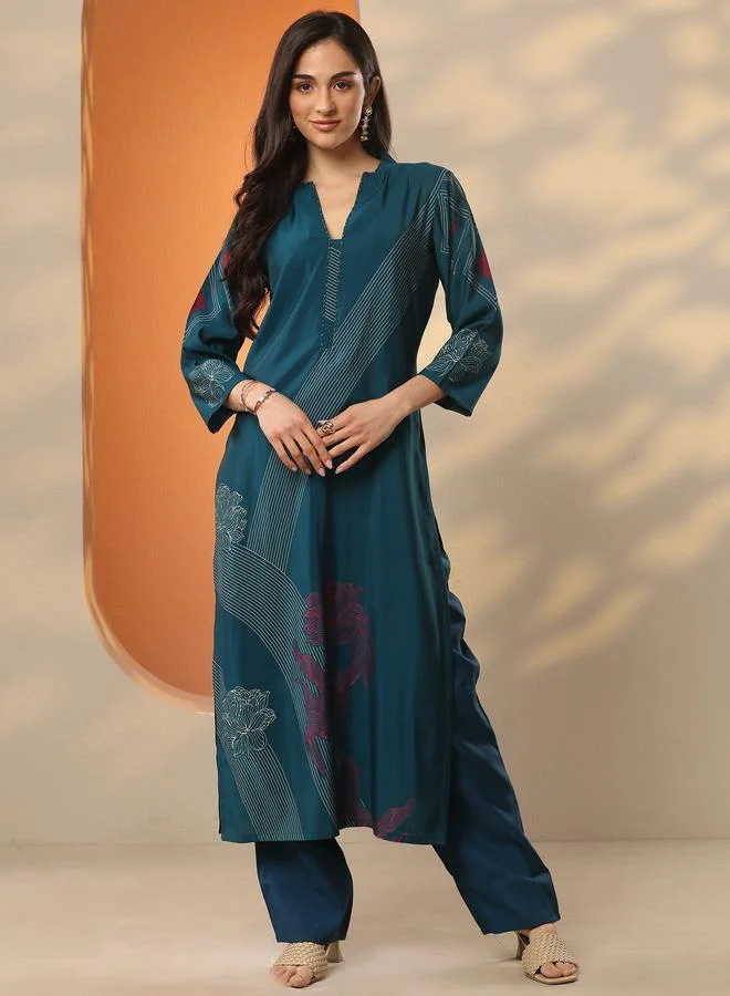 Libas Teal Printed Silk Blend Straight Kurta